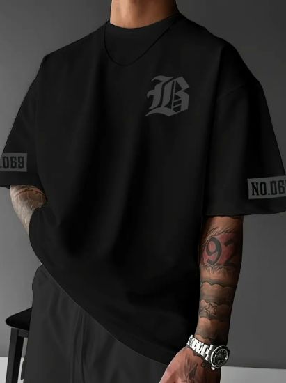 Baskılı Oversize Bisiklet Yaka T-shirt - Siyah resmi